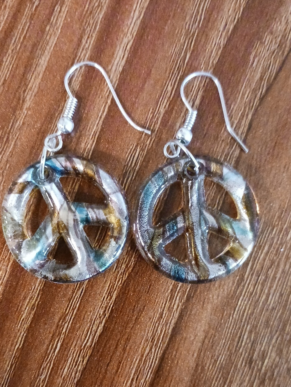 Peace Sign Drop Earrings in Metalic Brown and Silver Tone
